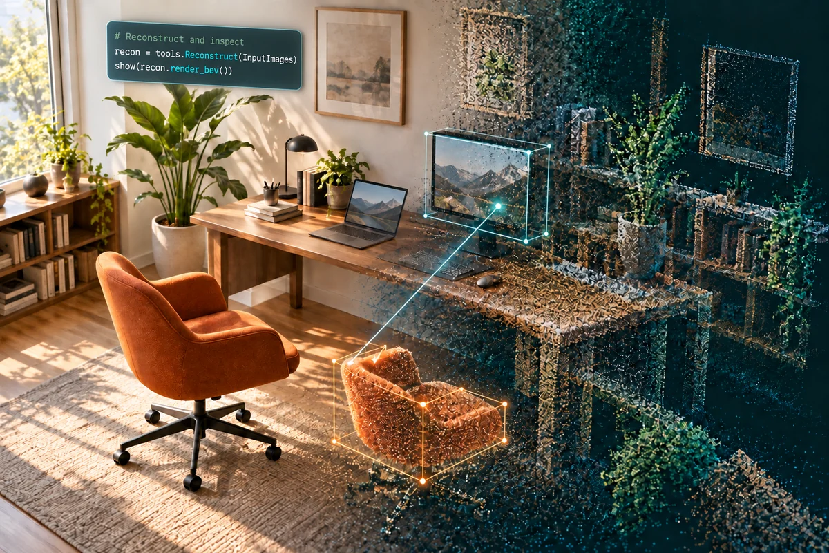SpatialClaw concept illustration: a Python panel accompanies a study transforming into a 3D point cloud, highlighting the spatial relationship between a chair and a monitor.