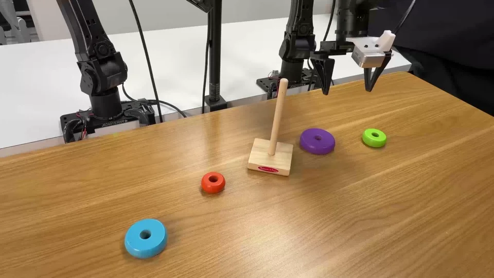 Real robot stacking rings on a peg in a nominal task rollout