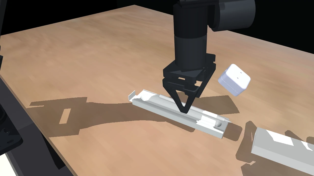Simulated recovery nudges a misplaced pencil into its tray